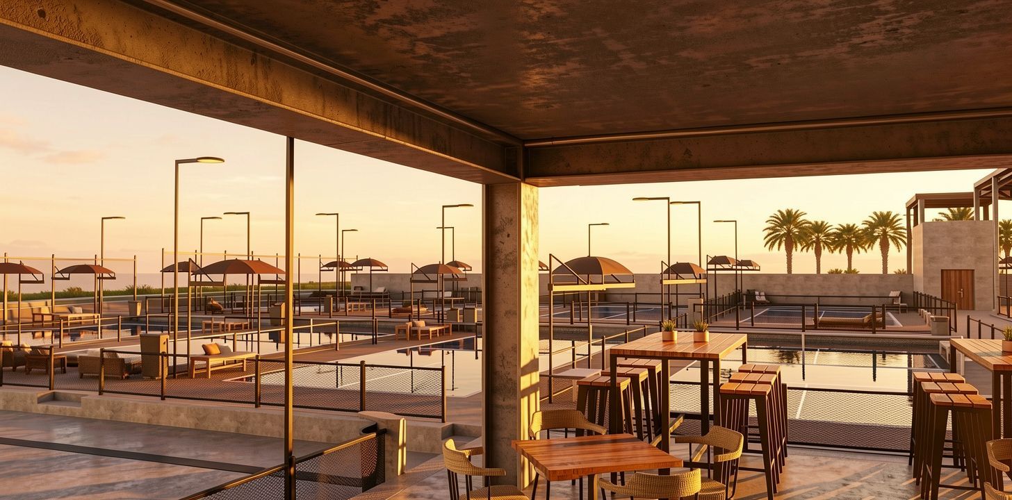 Rendering of sunset from the Pickle N Dink terrace bar, overlooking the covered championship courts